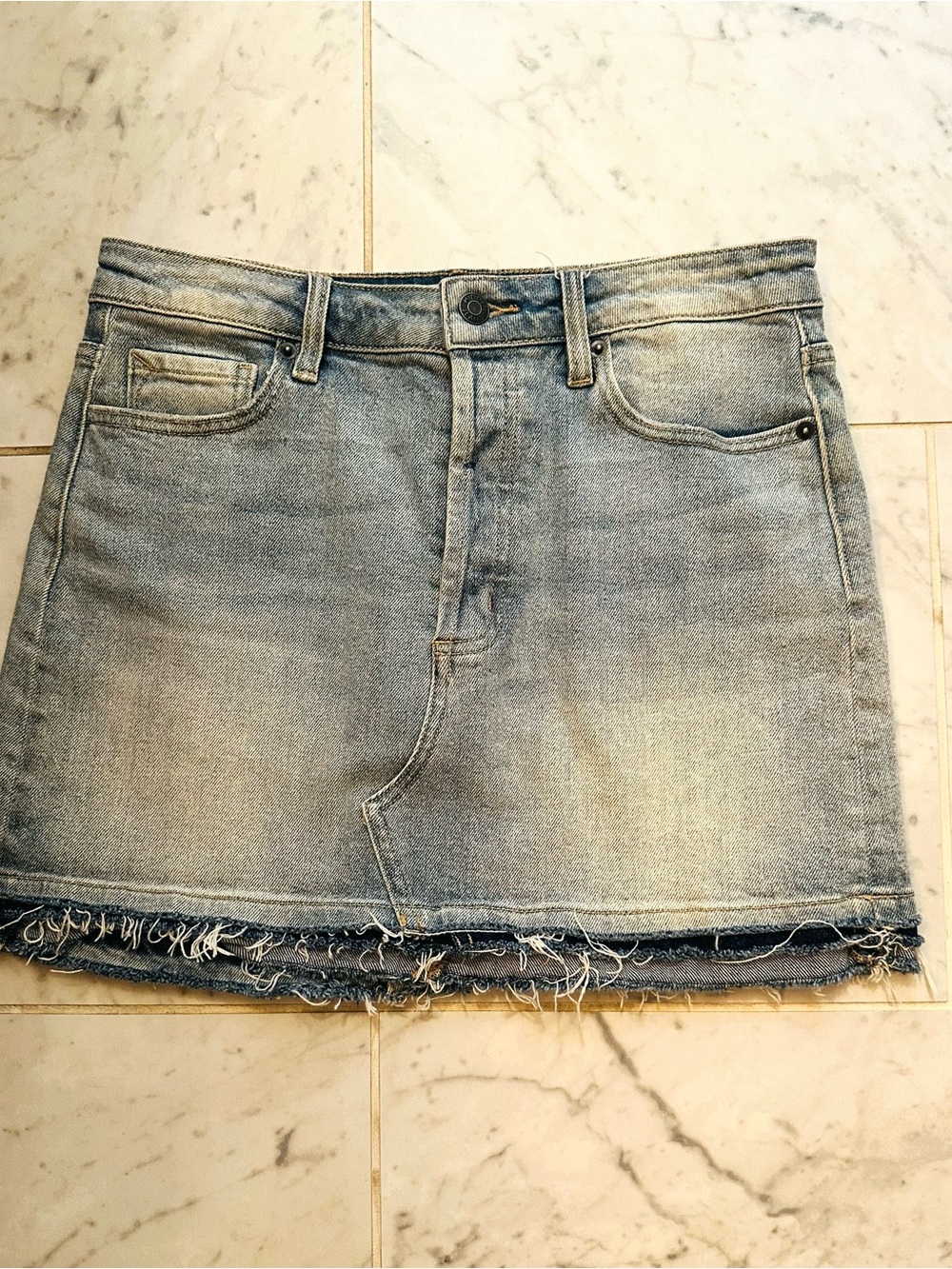Hidden Denim Frayed Hem Mini Skirt - Light Blue